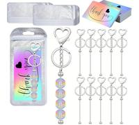 AWJUWHBJ Pack of 10 Do It Yourself Heart Beadable Keychains with Nacreous Bags and Cards Silver Heart Beadable Holder Gifts Metal Keychain Charm