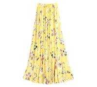 Awlsyj Half Skirt A Line Long Casual Bohemia Boho Palm Flower Printed Drawstring Elastic Waist Skirt with Pocket (Yellow Hawaiian Flower)
