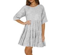 Awlsyj Women's 80s Fancy Sequins Dress Evening Gown Wedding Bride Bridesmaid Prom Party Cocktail Dress Loose Casual Short Skirt (UK, Alpha, S, Regular, Regular, Silver White)