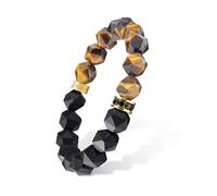 AWNL 10mm Beaded Bracelet for Men with Star Cut Tiger Eye and Black Onyx 18K White Gold Plated Sterling Silver Lucky Wheel Charm Gemstone Jewellery