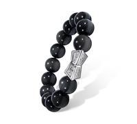 AWNL Men's Beaded Bracelet with Sterling Silver Engraved Runes Charm 12mm Obsidian Natural Gemstone Gift for Men