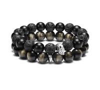 AWNL Skull Beaded Bracelet with Natural Gemstones Obsidian and black onyx，Sterling Silver Skull Charm Double Strand Bracelet Gift for Men