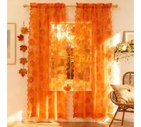 Awnmeow Fall Lace Curtains 84 Inches Long, Harvest Pumpkin Sheer Curtain for Living Room, Country Rustic Rod Pocket Thanksgiving Decor Sheer Lace, Burnt Orange, 2 Panels 52 x 84 Inch