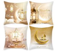 AwnsIMfreien Ramadan Pillow Cove 4Pcs Ramadan Cushion Cover 18x18'' Moon Printing Throw Pillow Covers Set Double Sided Covers Islamic Muslim Decor for Couch Sofa Style 2, Throw