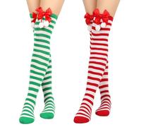 AWOCAN 2 PCS Christmas Knee Socks Women Christmas High Striped Long Stockings Over Knee Thigh Socks Knee-High Sock High Thigh Stockings (red+green stripe)