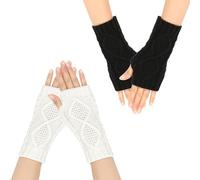 AWOCAN 2PCS Arm Warmers Women Warm Knit Fingerless Gloves Wrist Warmer Mittens Short Arm Sleeve Arm Covers (BLACK+WHITE-STYLE1)