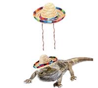 AWOCAN Bearded Dragon Sombrero Hats Hamster Gecko Ferret Guinea Pig Cinco De Mayo Straw Hat with Adjustable Chin Strap Small Pet Mexican Costume Accessories (Color-A)