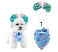 AWOCAN Pet Bow Headband and Dog Cat Bandana Set Pet Cute Shiny Bow Sequins Headband Birthday Decorations Pet Party Supplies (Green + Blue)