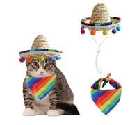 AWOCAN Pet Straw Hat Funny Mexican Sombrero Cap Rainbow scarf Party Decorations for Birthday for Small Pets, Puppy, Cat (multicolour+S)
