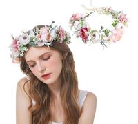 AWOCAN Women Flower Crown Headband Flower Headpiece Floral Crown Wedding Bridal Hair Garland Adjustable Flower Hair Wreath Crown for Women (WHITE+PINK-A)