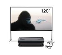 AWOL VISION LTV-3500 Pro Bundle with 120" Folding Outdoor Screen with Stand and 3D Glasses (2-Pack), 4K UHD HDR10+ Dolby Vision Ultra Short Throw Triple Laser Projector, 3000 ISO Lumens