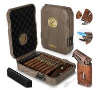 AWOTE Travel Cigar Humidor Case - Cedar Lined, V Cut Cutter, Portable Humidor with Humidifier & Hygrometer, Holds 7-9 Cigars, Includes Lighter - Gift Set