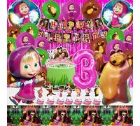 AWOUSUE Mascha 3 Jahre Birthday Party Set - 51 Piece Girls' Decoration with Balloons, Foil Balloons, Tablecloth, Banner, Cupcake Toppers, Cake Lid, Birthday Hat, Ribbons