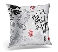 Awowee Cushion Cover 40x40cm/16x16inches Red Japanese Asian Ink Brush Ornaments Chinese Korean Korea Home Decor Throw Pillow Cover Square Pillowcase for Bed Sofa