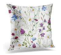 Awowee Cushion Cover 40x40cm/16x16inches Yellow Abstract Watercolor Chamomile Clover Bell Wildflowers Flowers Blue Home Decor Throw Pillow Cover Square Pillowcase for Bed Sofa