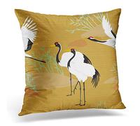 Awowee Cushion Cover 45x45cm/18x18inches Beige Chinese Cranes Japanese Pattern Oriental Motifs Yellow Longevity Home Decor Throw Pillow Cover Square Pillowcase for Bed Sofa