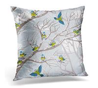 Awowee Cushion Cover 45x45cm/18x18inches Bird Flock of Blue Tits Perching on Branches Trees Home Decor Throw Pillow Cover Square Pillowcase for Bed Sofa