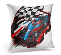 Awowee Cushion Cover 45x45cm/18x18inches Blue Speeding F1 Racing Car Checkered Flag Racetrack Red Home Decor Throw Pillow Cover Square Pillowcase for Bed Sofa