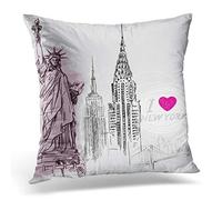 Awowee Cushion Cover 45x45cm/18x18inches Building New York Sketch City Liberty Statue Bridge Usa Home Decor Throw Pillow Cover Square Pillowcase for Bed Sofa