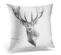 Awowee Cushion Cover 50x50cm/20x20inches Stag Deer Head Sketch Graphics Monochrome Black and White Home Decor Throw Pillow Cover Square Pillowcase for Bed Sofa