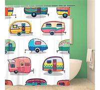 Awowee Decor Shower Curtain Caravan Mid Fifties Cartoonish Campers Pattern Van Vespa Activity 152x180cm Polyester Fabric Waterproof Bath Curtains Set with Hooks for Bathroom