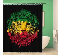 Awowee Decor Shower Curtain Green Reggae Rasta Lion Head on Red Marley Bob 152x180cm Polyester Fabric Waterproof Bath Curtains Set with Hooks for Bathroom
