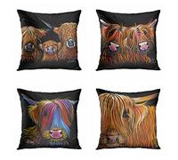 Awowee Set of 4 Cushion Covers 45x45cm/18x18inches Scottish Highland Cows We Coos on Black Scotland Herd Hairy Cow Home Decor Throw Pillow Covers Square Pillowcases for Bed Sofa Couch