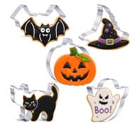 AWOXIHJ 5 Cookie Cutters Silver Halloween Set Stainless Steel Pumpkin Bat Cat Ghost Standard Size