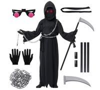 Awroutdoor Grim Reaper Costume Kids Boys Girls, Halloween Costumes for Kids Scythe Halloween Reaper Cos-tume Kid Hallo-ween Outfit with Grim Rea-per Cos-tume Scythe Mask Cloak Robe Gloves