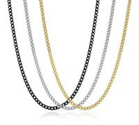 Awrovi 3 Pcs Chain Necklace for men, 4mm Stainless Steel Black Gold and Silver Cuban Chains Men Women, 18"/22"/26"/30 Inches, 22", Stainless Steel, No Gemstone