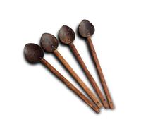 AWSE Coconut Shell Cooking Spoons, Traditional Brown Wooden Handle, Large Serving Utensils for Non-Stick Cookware, 4 Piece Set