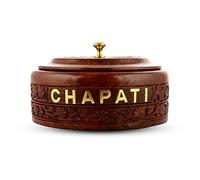 AWSE Handmade Round Chapati Box, Brown Sheesham Wood with Brass Work, Traditional Hand-Carved Roti Storage Container, Round Shape
