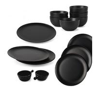AWSE Melamine Dinner Set, Black, Matte Finish, 14 Piece Set with 6 Plates, 6 Bowls, 2 Dip Bowls, Round