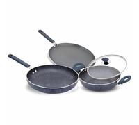 AWSE Non-Stick Cookware Set, Grey, 3-Piece Kitchen Combo with Glass Lid, Wok, Flat Pan, Fry Pan, Marble Coating, Stay Cool Handle, Induction Compatible