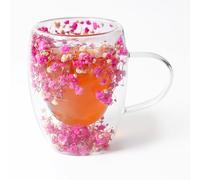 AWSOLAR 350ml Dry Flowers Double Walled Glass Mugs with Handle, Flower Mug Tea Cup for Hot and Cold Drinks, Birthday Gifts for Women Mum Friends Teacher Valentines Mothers Day