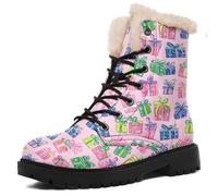 AWSOLE Unisex Christmas Ankle Boots Warm Winter Lace-Up Snow Boots Faux-Fur Lined Rubber Sole Xmas Lace-up Combat Booties