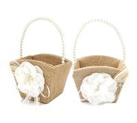 Awtlife 2pcs Rustic Burlap Wedding Flower Girl Basket Pearl Handle for Vintage Rustic Wedding Ceremony