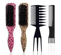 Awubsd 4 Pcs Soft Slick Back Hair Brush Set Barber Metal Tail Comb | 2 Leopard-Print Brushes and 2 Antistatic PP Combs with Stainless Steel Pointed Tails for Smoothing and Sectioning,