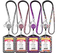 Awwertse 4 Sets Rhinestone Lanyard ID Card Holder Crystal Retractable Badge Reel Rhinestone Neck Lanyard Card Holder