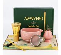 AWWVERO Matcha Set, Complete Matcha Kit with Bamboo Whisk, Ceramic Bowl, Spoon and Stand, Japanese Tea Ceremony Set for Cafe-Style Matcha, Gift Ready (7, Pink)