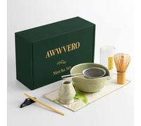 AWWVERO Matcha Set, Complete Matcha Kit with Bamboo Whisk, Ceramic Bowl, Spoon and Stand, Japanese Tea Ceremony Set for Cafe-Style Matcha, Gift Readyy (7, Matcha Colour)