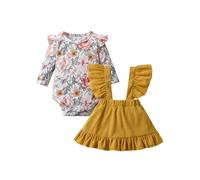 Awxoder Baby Girl Floral Print Tops + Strap Dress Cute Baby Girl Dress Outfit Set, Yellow, 12-18 Months