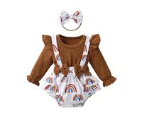 Awxoder Infant Baby Girl Romper Set Ruffle Long Sleeve with Rainbow Pattern Print, Brown, 12-18 Months