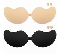 AWXUOCK Invisible Strapless Bras Reusable Stick On Bra Skin-Friendly Sticky Push Up Adhesive Bra for Party, Bar, Wedding, Beach, Backless for Women (UK, Cup & Band, E, Beige+Black)