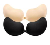 AWXUOCK Invisible Strapless Bras Reusable Stick On Bra Skin-Friendly Sticky Push Up Adhesive Bra for Party, Bar, Wedding, Beach, Backless for Women (UK, Cup & Band, C, Black+Beige)