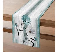 AwzyGous Table Runner Flowers in Turquoise Blue and Teal, Modern Table Runner 140 x 40 cm White Daisies Black Leaves Butterfly Summer Kitchen Table Decoration for Indoor Holiday Party Decor