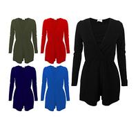 AX London Ladies Womens Plain Wrapover V Neck Crepe Long Sleeve Romper Playsuit Size 8-14 (UK 8, Black)