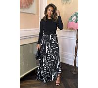 Ax Paris Black Abstract Stripe Print 2 In 1 Long Sleeve Pleated Skirt Midi Dress Black 8