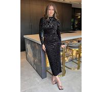 Ax Paris Black Jacquard Velvet Long Sleeve Gathered Side Midi Dress Black 16