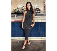 Ax Paris Black Metallic Sparkle Halter Neck Ruched Midi Dress Black
